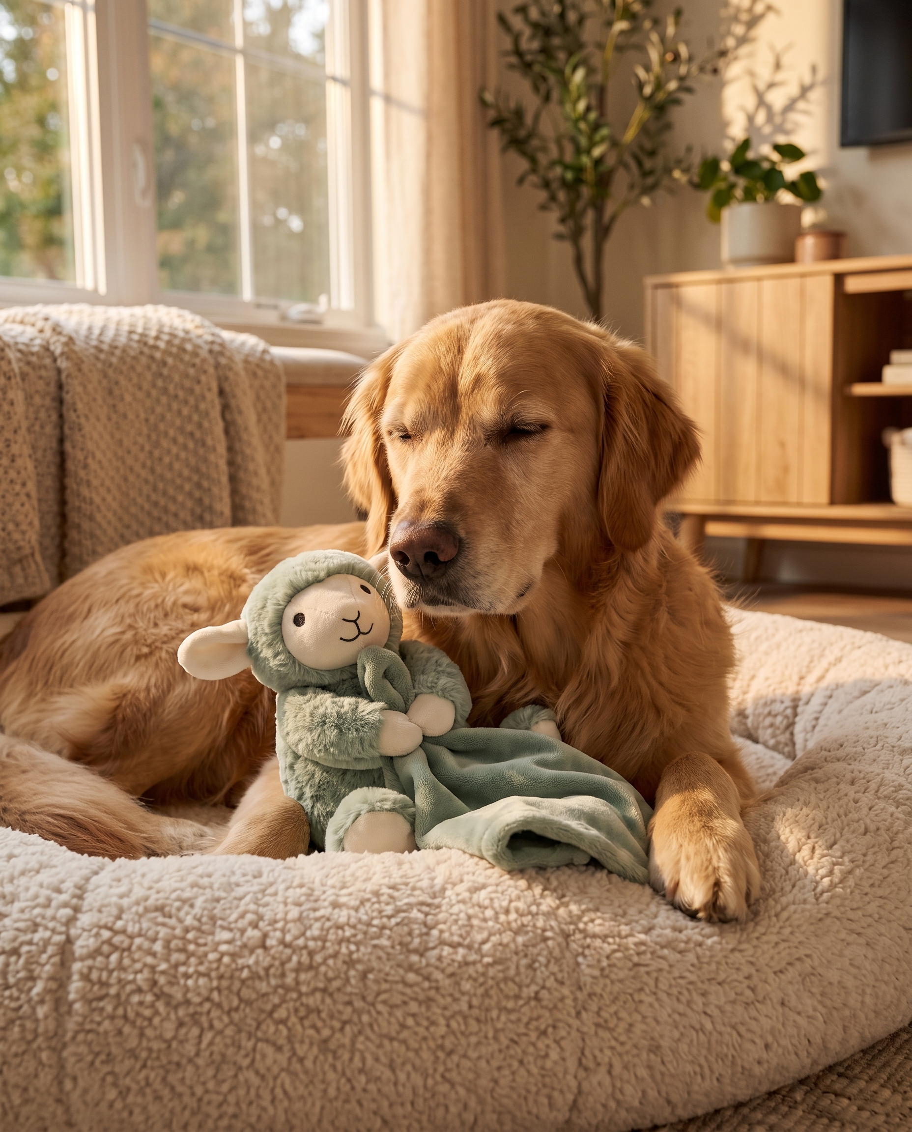 Dog resting with the Calm Den Weighted Comfort Toy on a dog bed