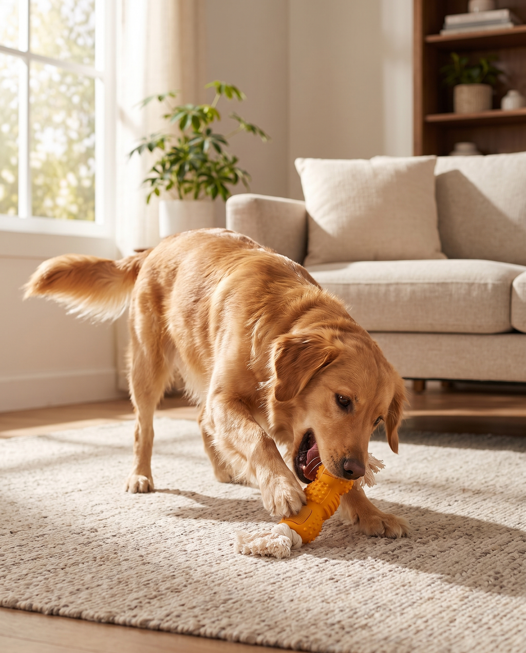 Dog playing with the Busy Bone Multi-Texture Boredom Buster at home