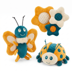 Squeak Squad Plush 3-Pack in marigold-orange, deep teal and cream on a light neutral background