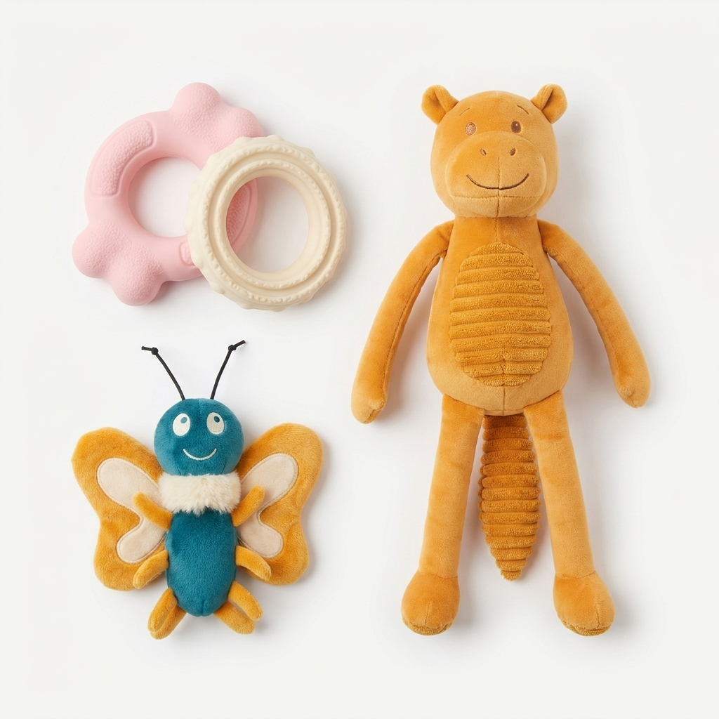Puppy's First Toy Box bundle flat-lay with plush ring, crinkle toy and 3-pack squeaker plush on white studio background