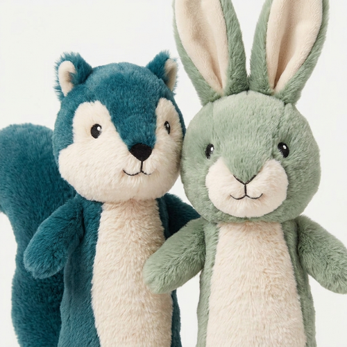 Close-up detail of two plush toys from the Backyard Buddies Plush 4-Pack showing texture and stitching
