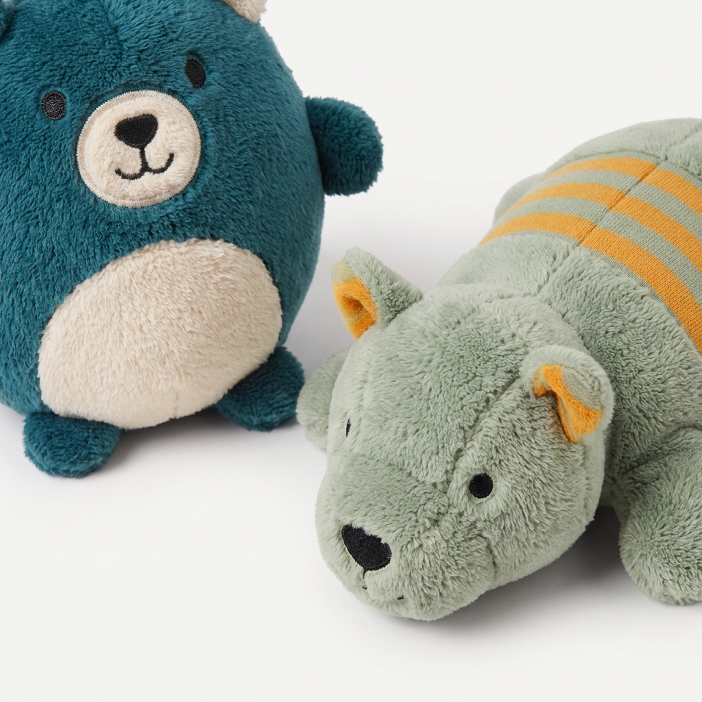 Close-up detail of two toys from the Adventure Pack Plush + Squeaker 5-Pack showing mixed textures