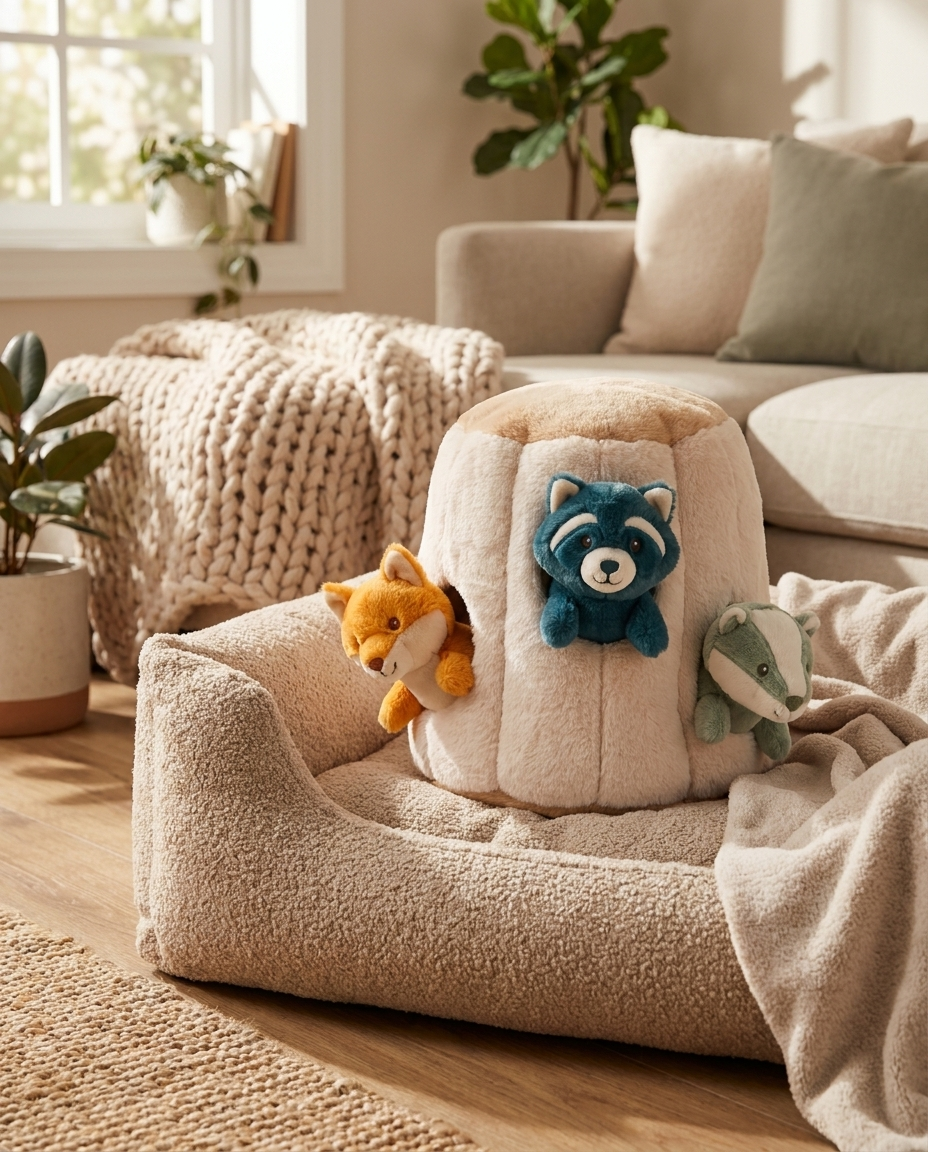 Burrow Buddies Hide & Seek Set on a cozy dog bed in a home lifestyle setting
