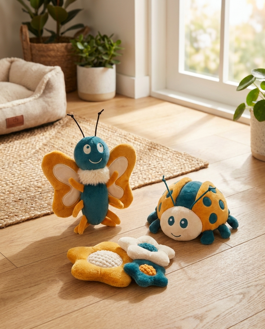 Squeak Squad Plush 3-Pack arranged on a wooden floor near a sunlit window