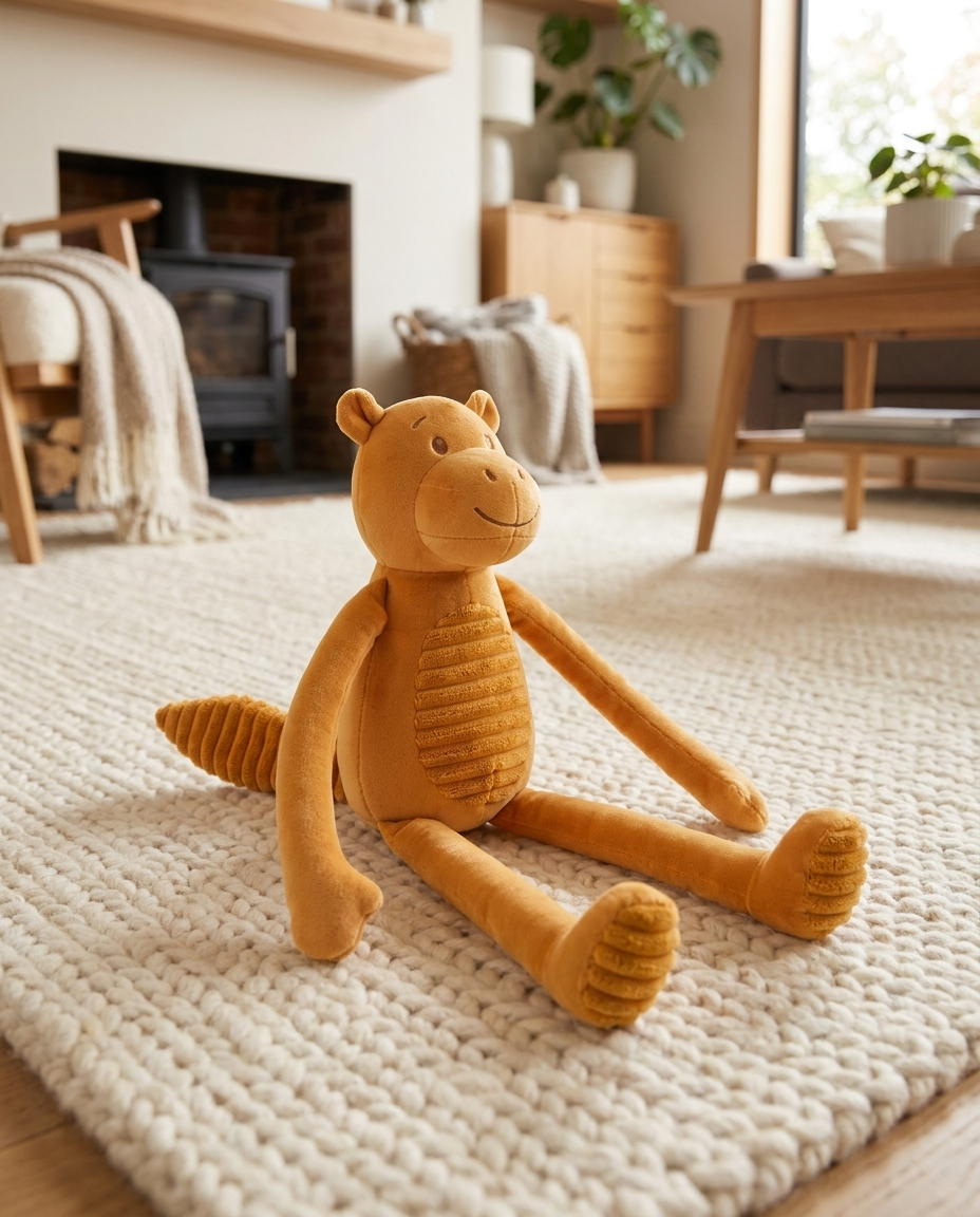Crinkle Critter Textured Toy resting on a soft rug in a living room setting