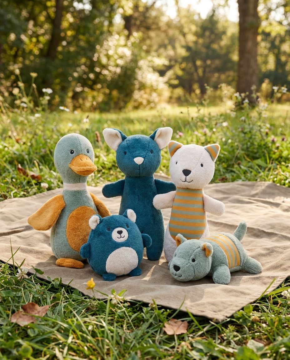 Adventure Pack Plush + Squeaker 5-Pack arranged on an outdoor picnic blanket