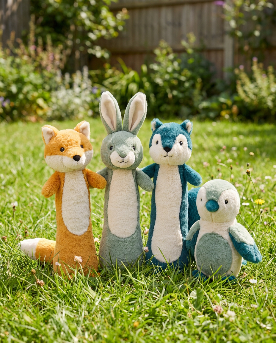 Backyard Buddies Plush 4-Pack arranged on grass in a sunny backyard setting