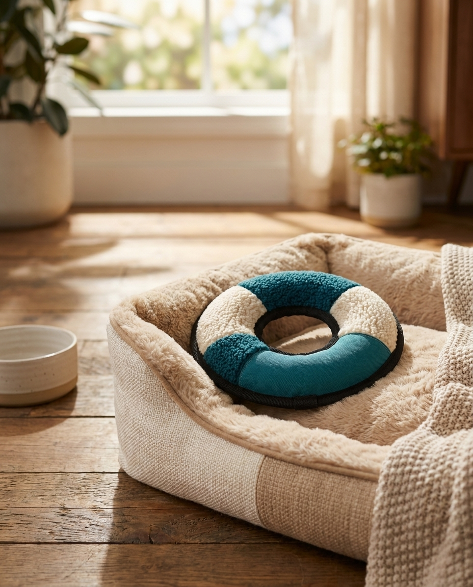 Sensory Stack Textured Ring placed on a cozy dog bed
