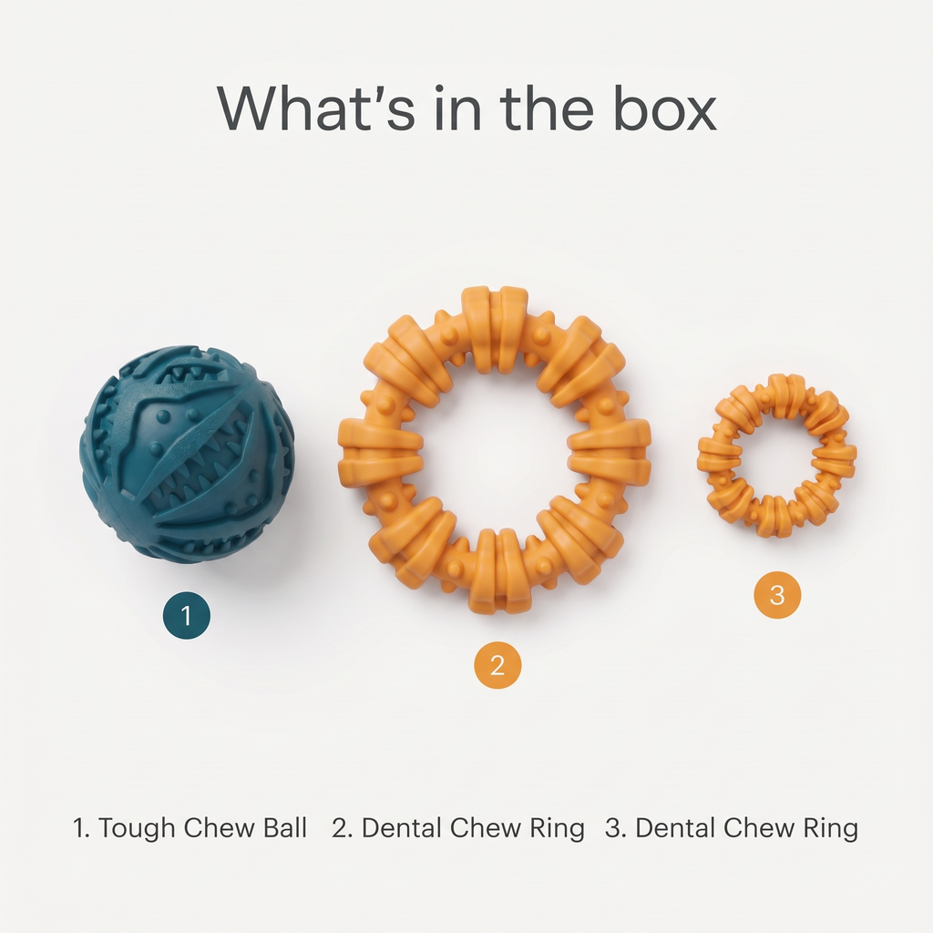 What's in the box: Power Chewer Starter Kit numbered flat-lay showing chew ball and two dental chew rings