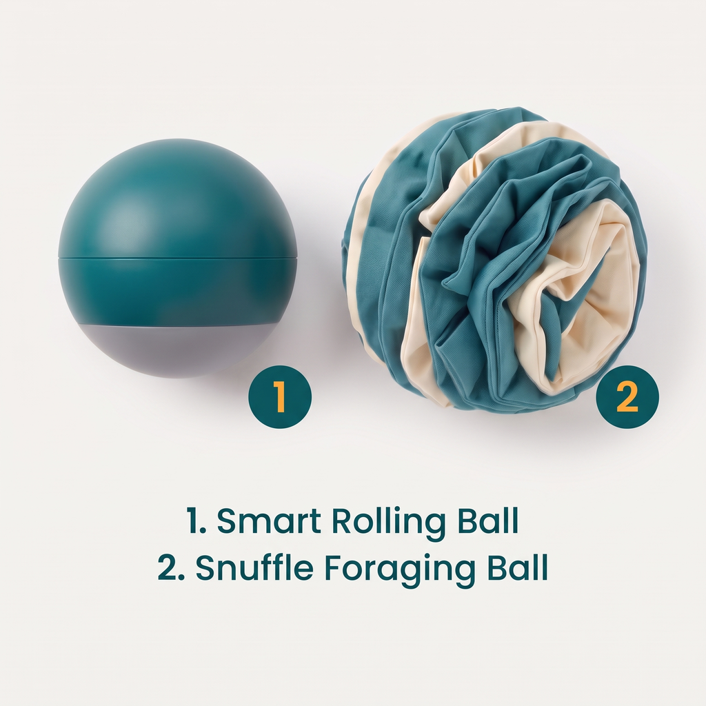 What's in the box: Smart Play Starter Bundle numbered flat-lay showing smart rolling ball and snuffle foraging ball
