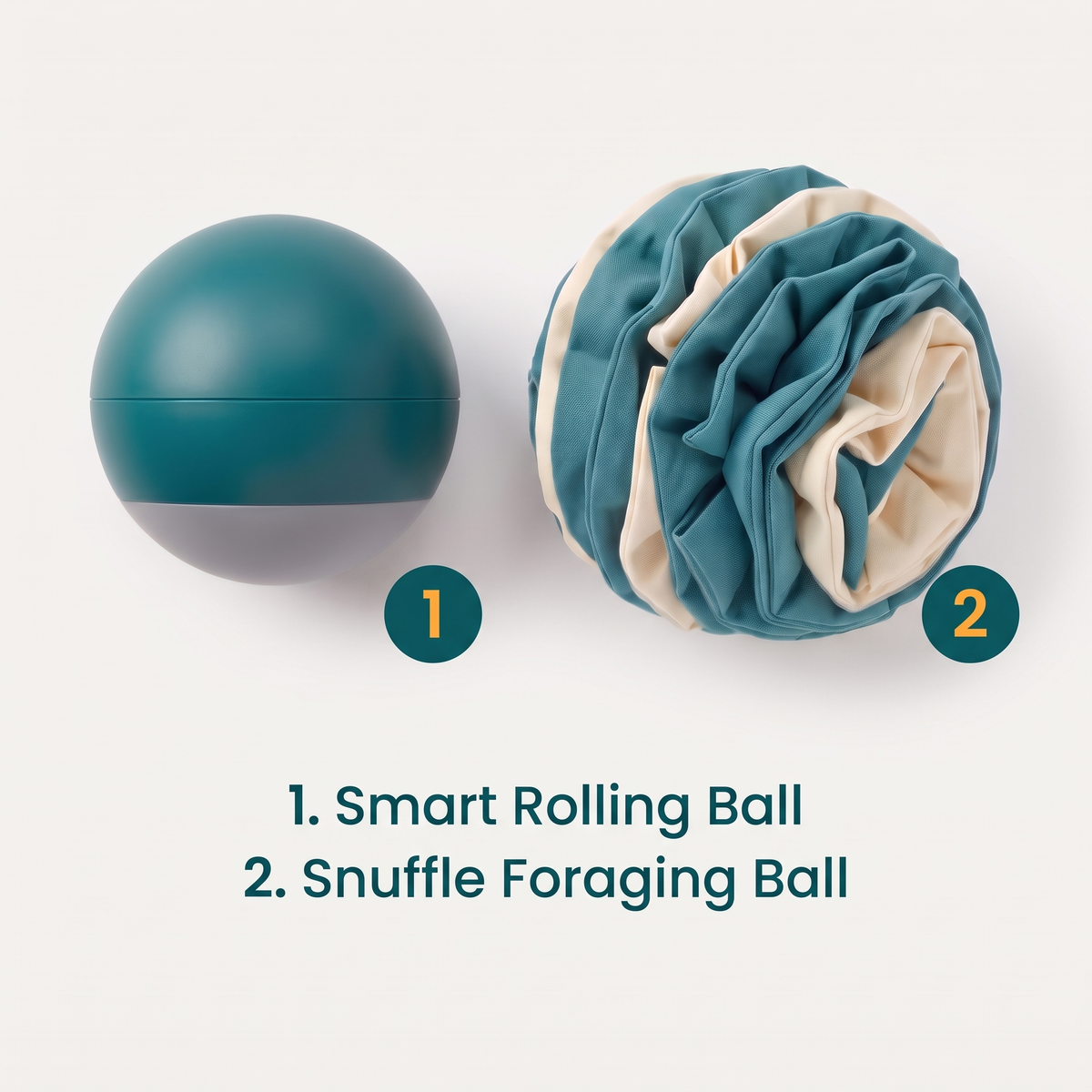 What's in the box: Smart Play Starter Bundle numbered flat-lay showing smart rolling ball and snuffle foraging ball