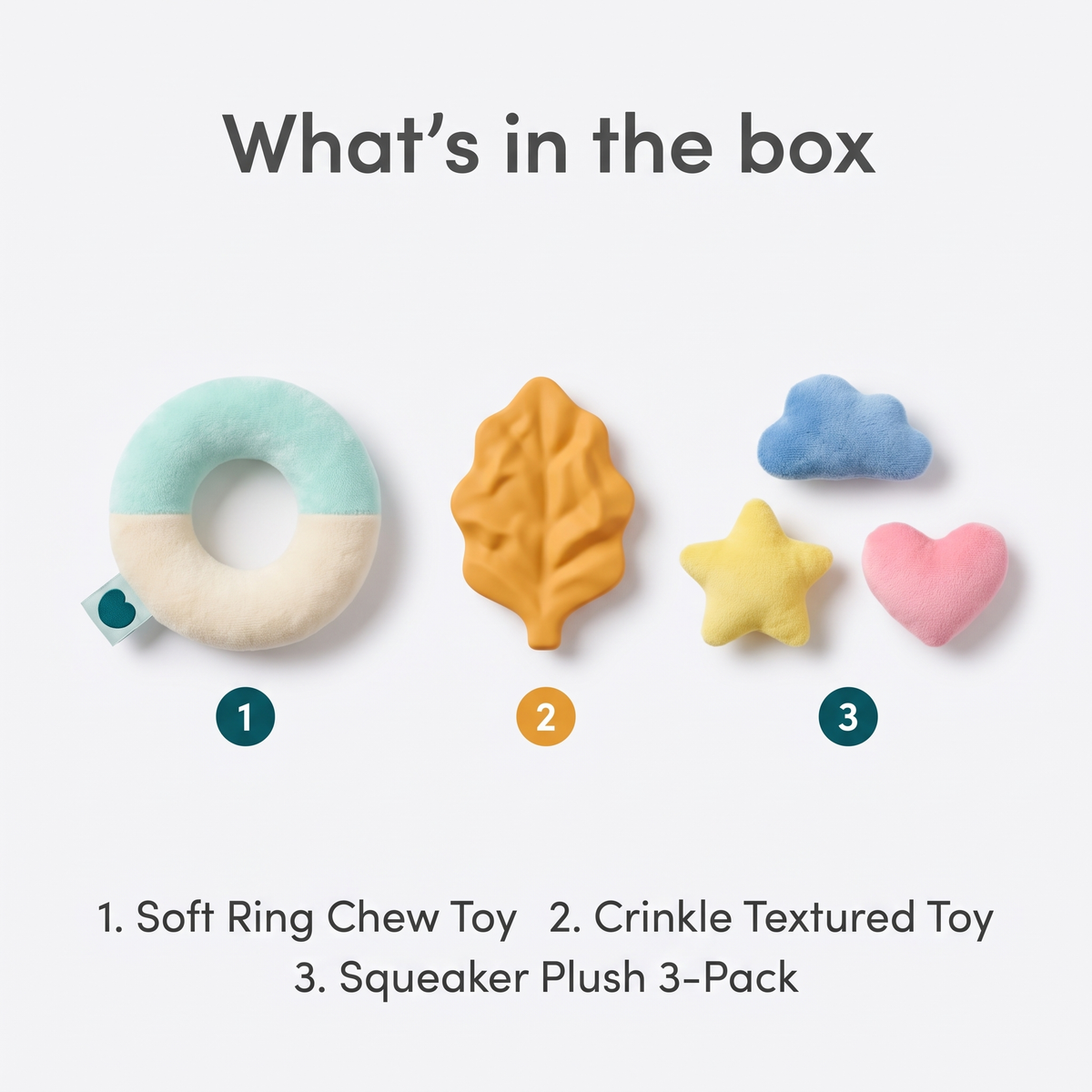 What's in the box: Puppy's First Toy Box numbered flat-lay showing ring toy, crinkle toy and squeaker 3-pack
