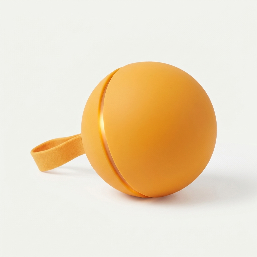 Tailspin Smart Chase Ball in matte marigold-orange with attached fabric tail on white studio background