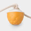 Cyclone Spin Chase Toy in matte marigold-orange with attached rope on white studio background