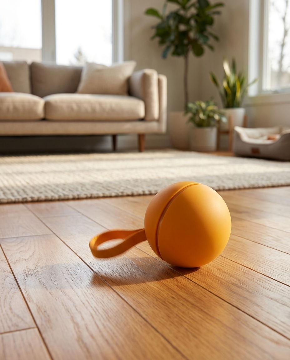 Tailspin Smart Chase Ball mid-roll with tail in motion on a hardwood floor lifestyle setting