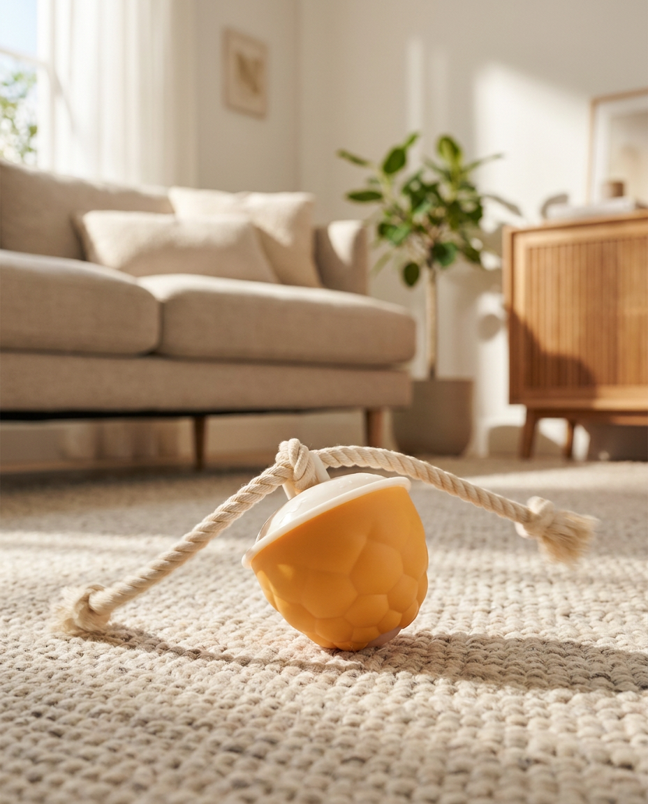 Cyclone Spin Chase Toy on a rug with rope mid-swing in a bright living room