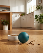 Snack Safari Treat Ball on a kitchen floor with treats scattered nearby