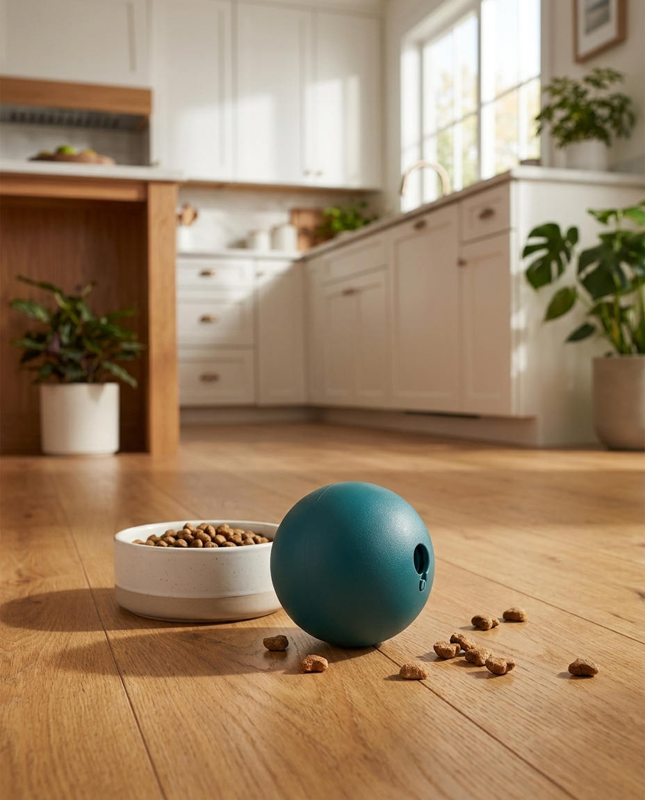 Snack Safari Treat Ball on a kitchen floor with treats scattered nearby