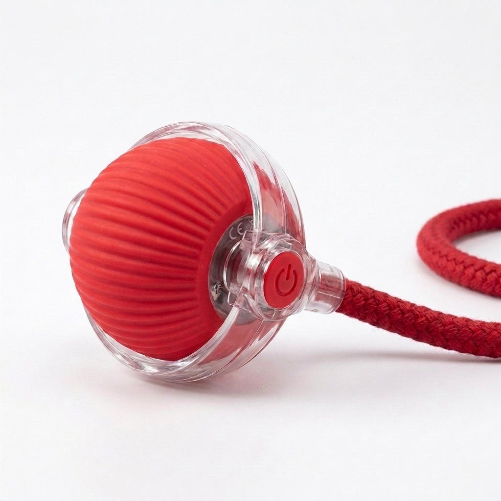 Prowl Smart Chase Ball in Red — ribbed silicone ball with clear collar mount and braided rope tail