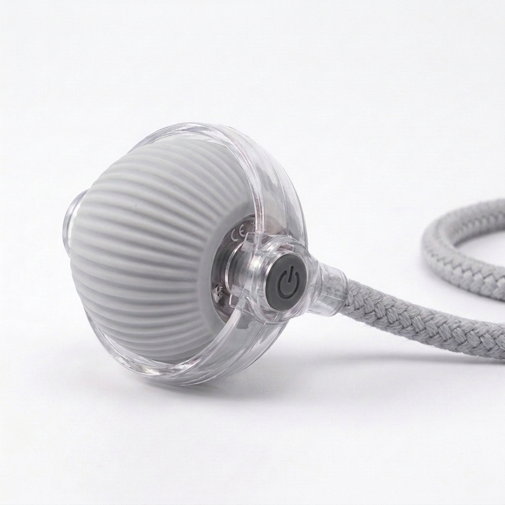 Prowl Smart Chase Ball in Silver — ribbed silicone ball with clear collar mount and braided rope tail