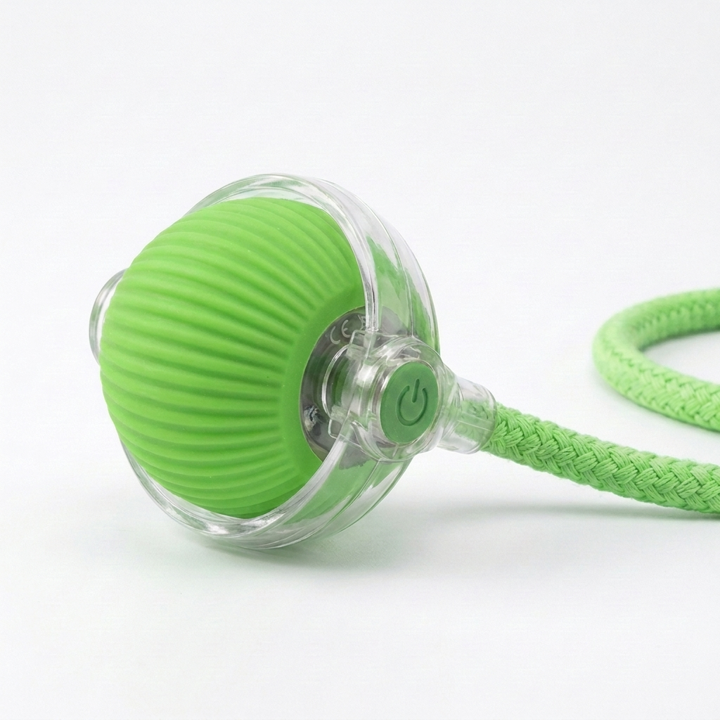 Prowl Smart Chase Ball in Green — ribbed silicone ball with clear collar mount and braided rope tail