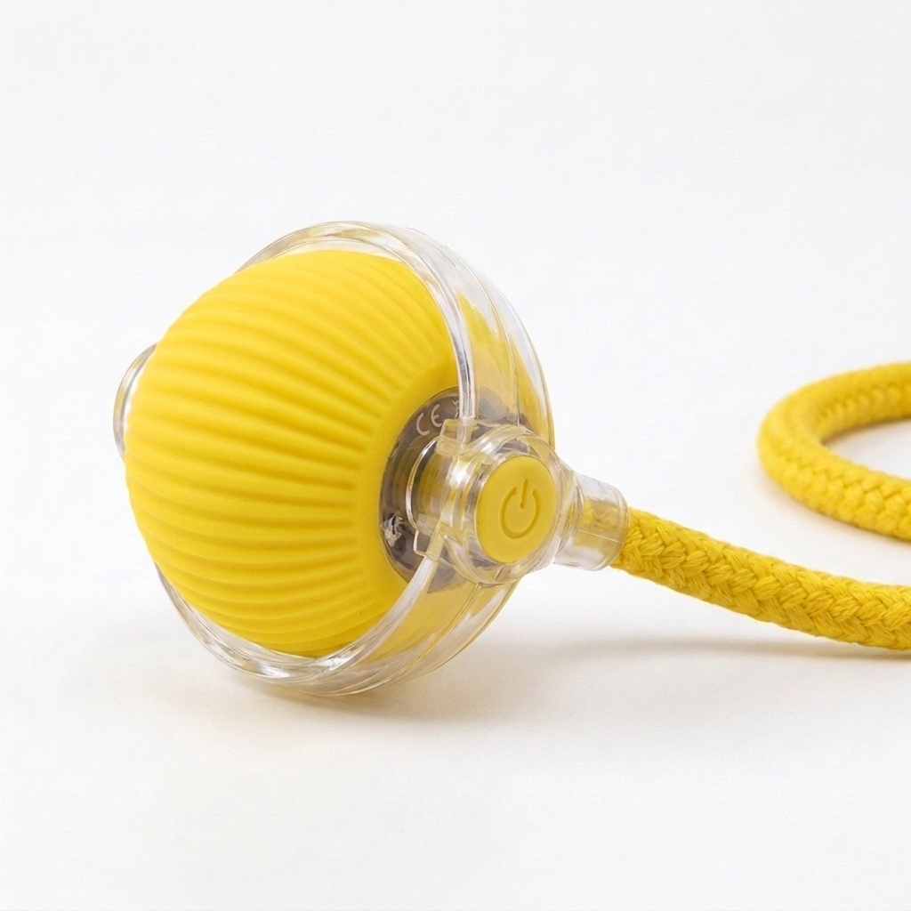 Prowl Smart Chase Ball in Yellow — ribbed silicone ball with clear collar mount and braided rope tail