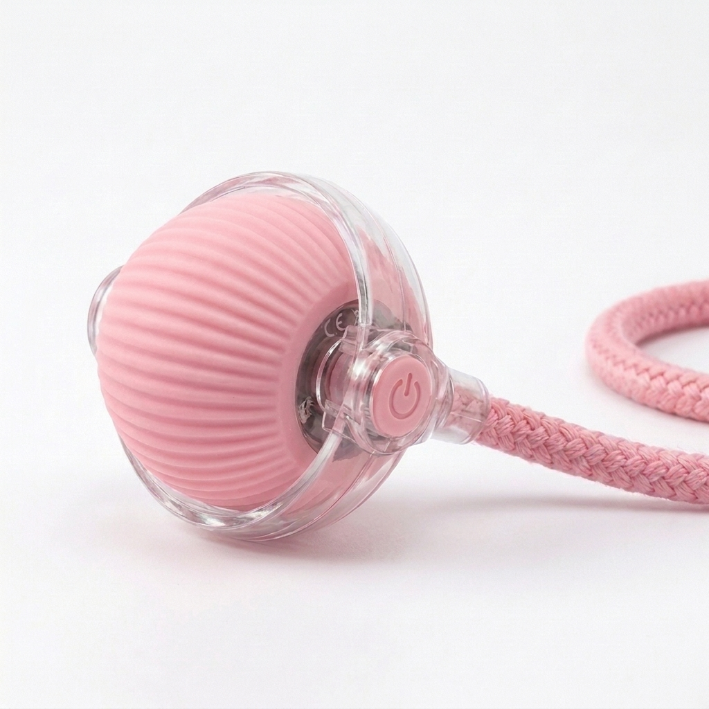 Prowl Smart Chase Ball in Pink — ribbed silicone ball with clear collar mount and braided rope tail