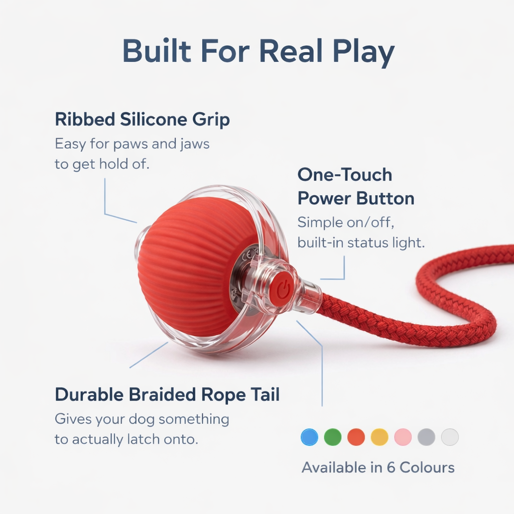 Prowl Smart Chase Ball features — ribbed silicone grip, one-touch power button, durable braided rope tail, 6 colours