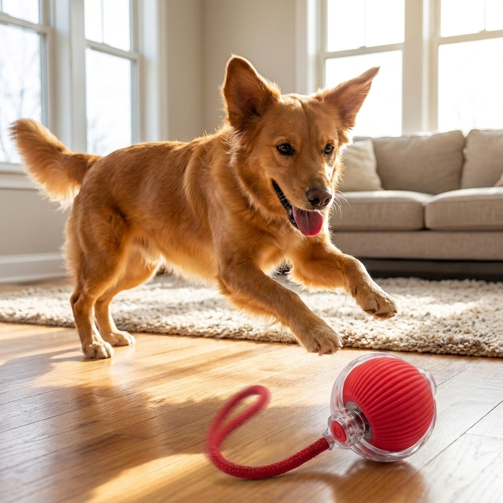 Dog mid-chase after the red Prowl Smart Chase Ball on a sunlit hardwood floor